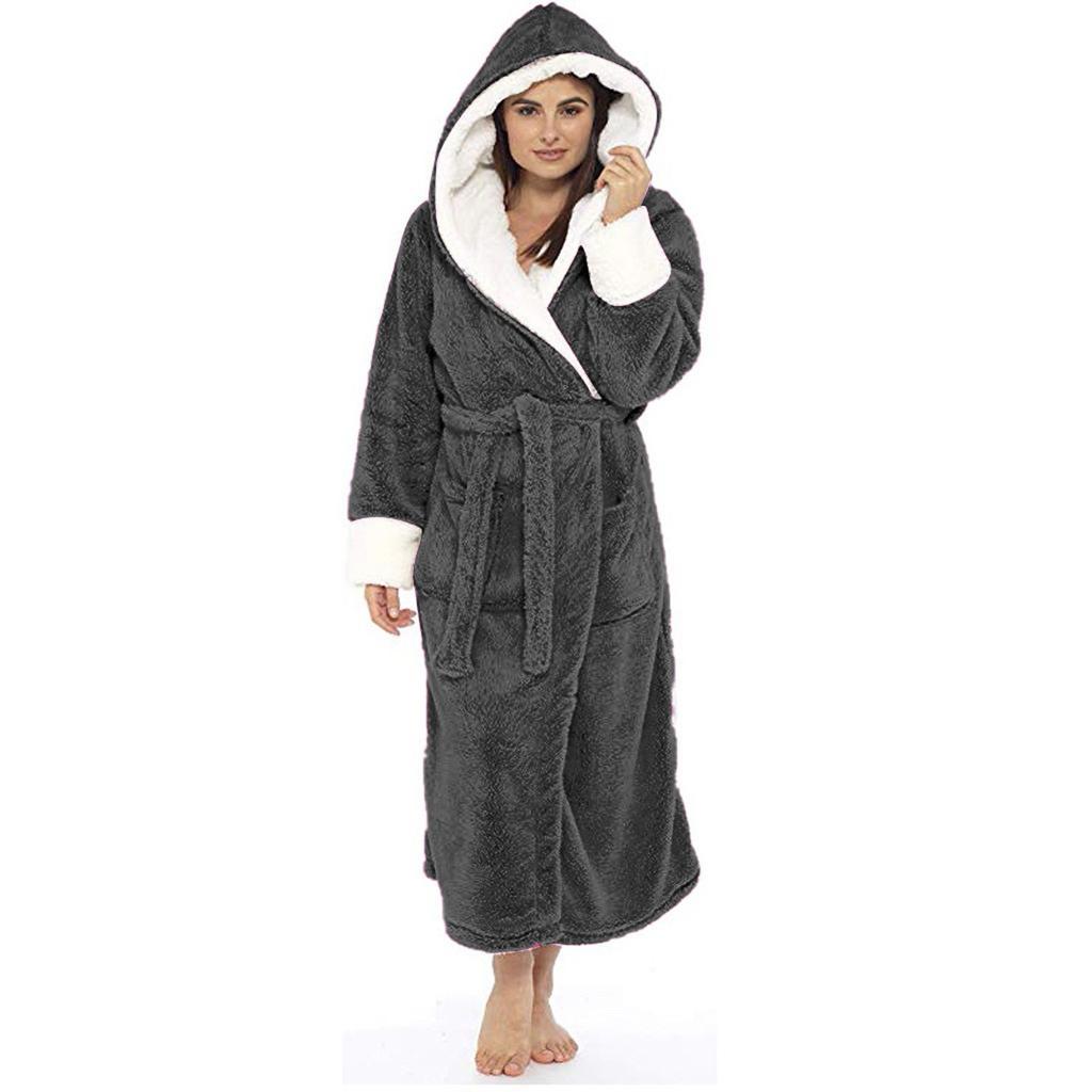 Fashion Women Winter Plush Lengthened Shawl Bathrobe Cardigan Home Clothes Long Sleeved Robe Coat Pajamas