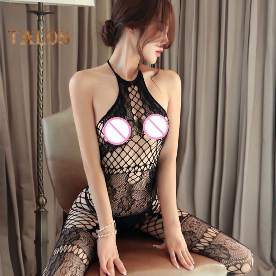 Women Sex Jumpsuit Hollow Out See-through Fishnet Off Shoulder Crotchless Thin Skinny Halter Neck Lady Wedding Night Jumpsuit