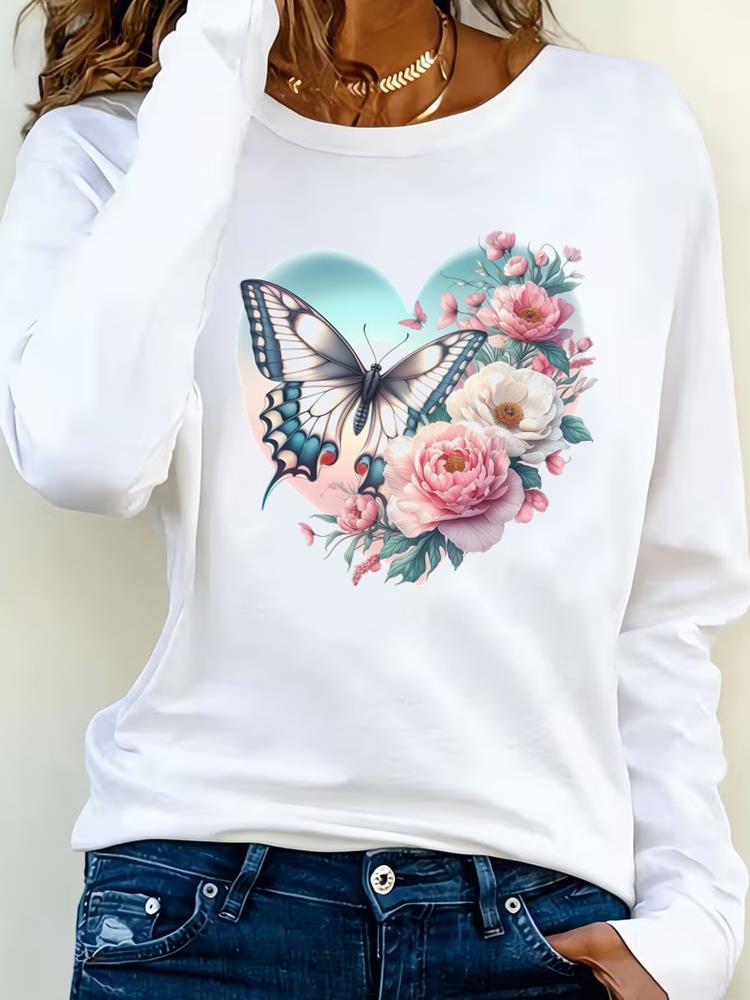 (Asian Size) flower style Clothing Casual  Tee Lady Printed o-neck Long Sleeve T Shirt Women Female Fashion Top Graphic T-shirts