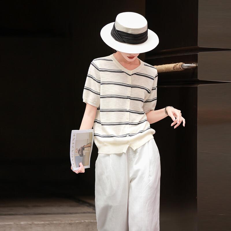Women s Striped Short Sleeve Knit Cardigan M