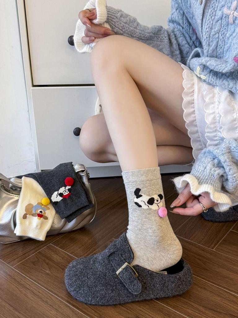 Socks, Medium Tube, Spring And Autumn Hairballs, Cartoon Dog Boneless Socks, Sweat-Absorbing, Breathable, Simple And Versatile, Cute Cotton Socks
