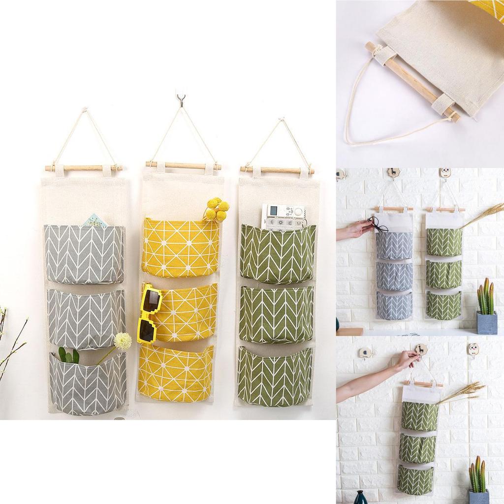 Elegant Space-saving Hanging Storage Bag With Durable Cotton Linen And 3 Pockets For Sundries