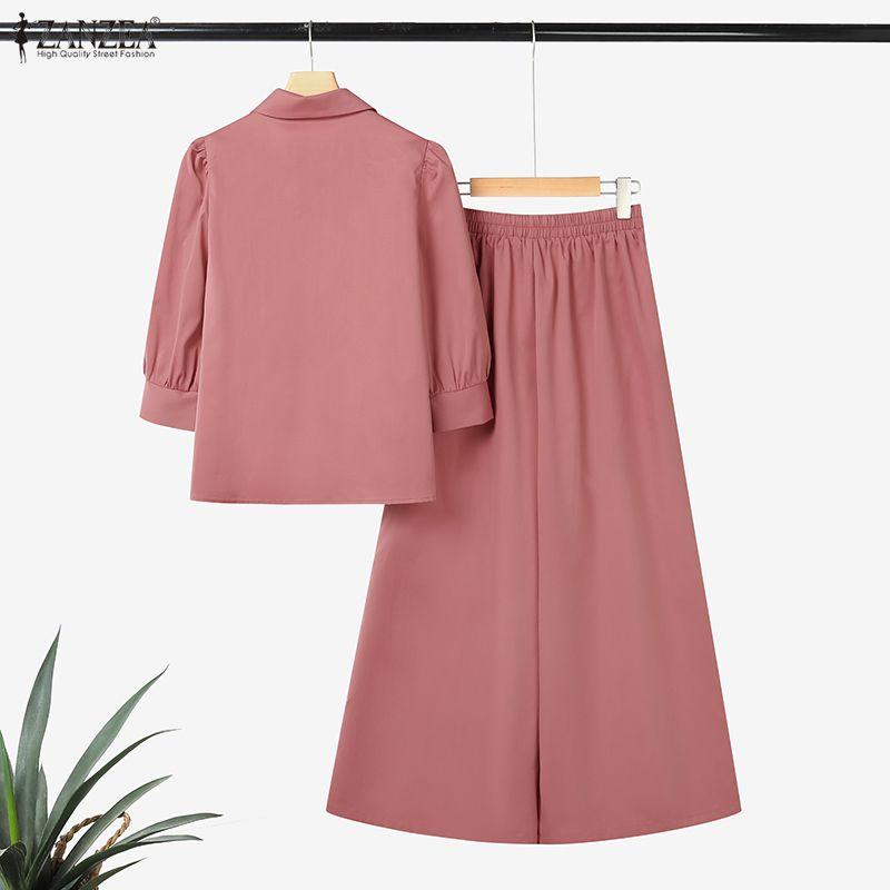 ZANZEA Blusa de Manga 3/4 para Mujer y Pantalones de Pierna Ancha Conjuntos Casuales de Dos Piezas