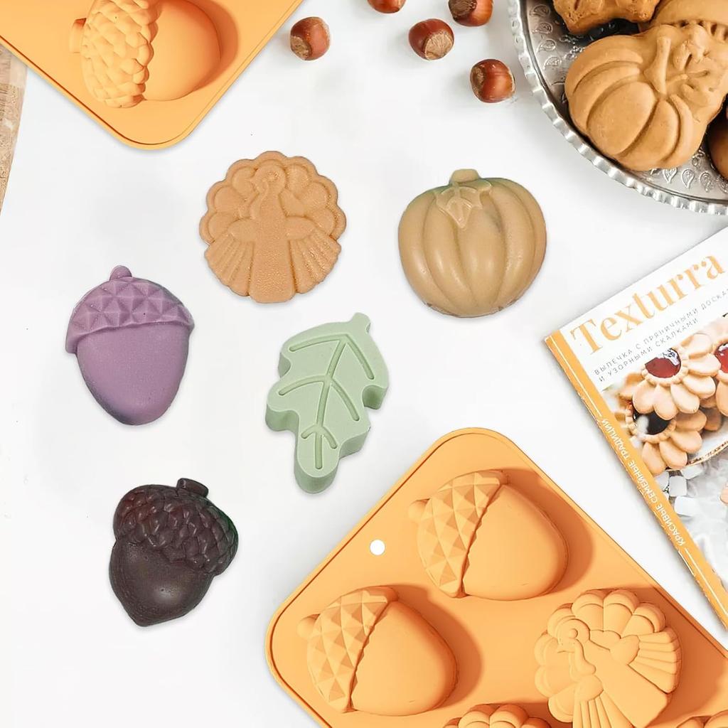 2 Pcs Thanksgiving Chocolate Molds 3D Pumpkin Turkey Pinecone Autumn Leaf Silicone Mold Candy Cake Baking Tray Molds for Fall Thanksgiving Party