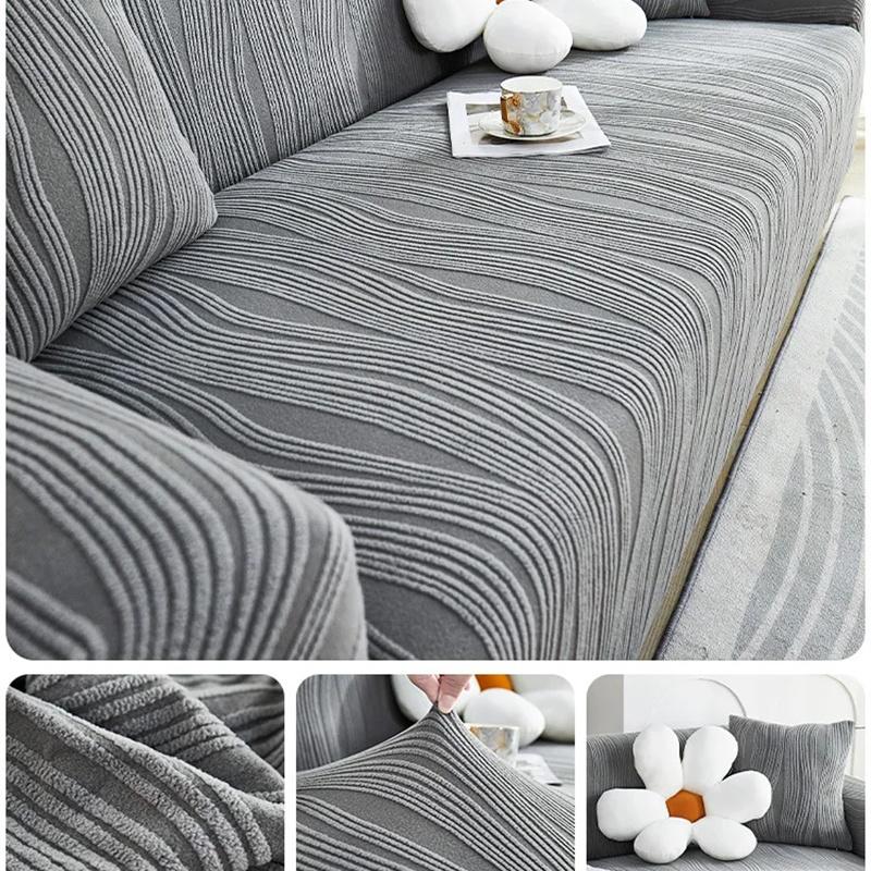 Elastischer Wellen-Jacquard-Sofabezug Gestreift Solider All-Inclusive-Staubschutz für Wohnzimmer Plüsch Anti-Katzenkratz-Sofaschutz