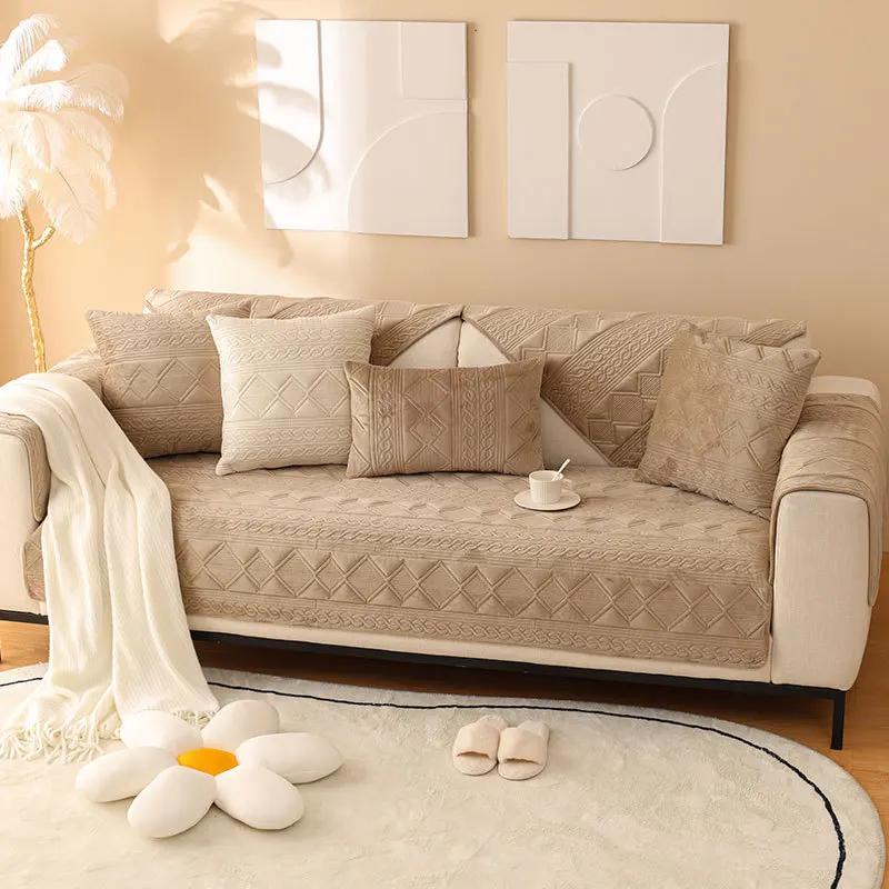 Soft Comfortable Velvet Sofa Cushion Four Seasons Universal Anti Slip Seat Cushion Solid Color Minimalist Breathable Couch Towel