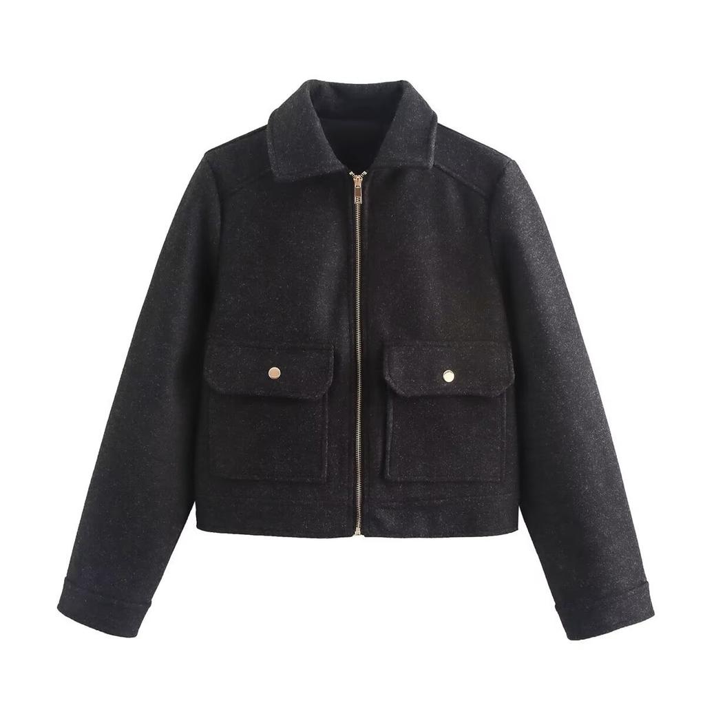 2026 spring new European and American cross-border women's clothing street fashion soft woolen zipper jacket with pockets w107 8779