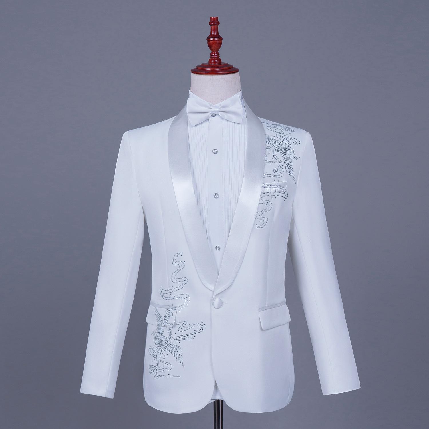 

Men s Black and White Phoenix Rhinestone Suit with Green Fruit Collar - Stage Performance Outfit 4XL