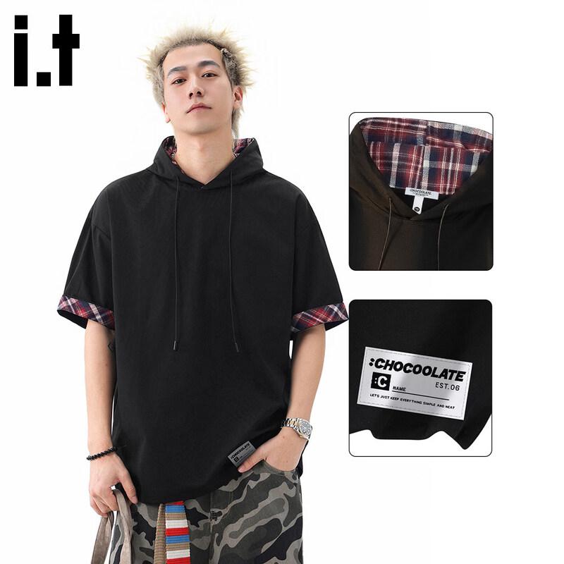 :CHOCOOLATE Men's Hooded Plaid Color-Block Short-Sleeve T-Shirt