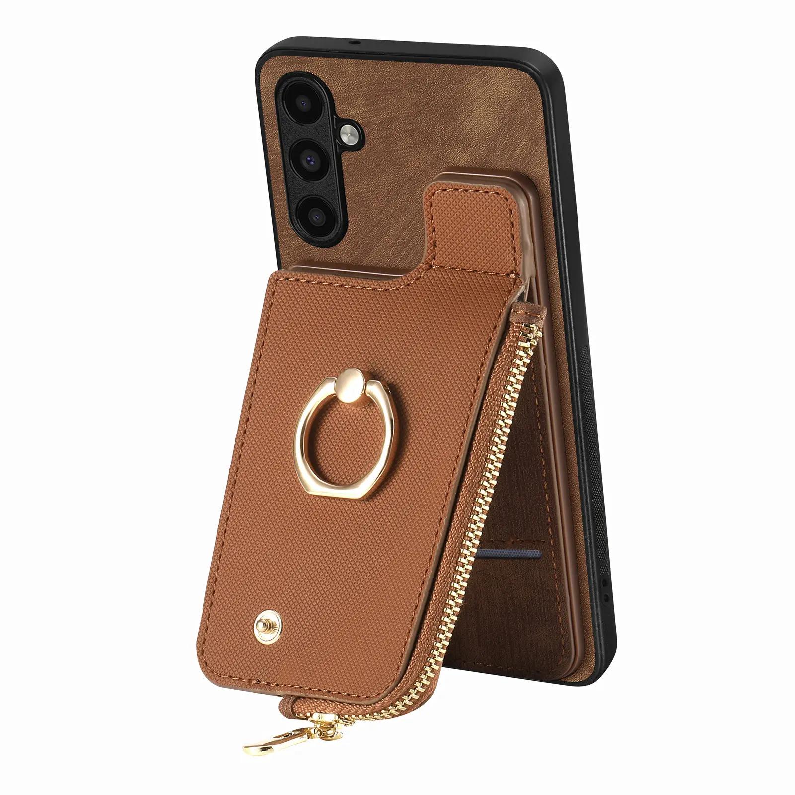 

Vintage Zipper Cards Solt Wallet Ring Holder Leather Case for Samsung Galaxy S23 Ultra S22 S21 Plus A54 A34 A14 A53 5G Bag Cover For Galaxy A12 5G коричневый