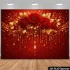 2D Rote Rose & Gold Funkelnde Kulisse Romantischer Hochzeitsfeier Hintergrundtuch