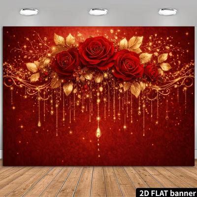 2D Red Rose & Gold Sparkle Backdrop Romantic Wedding Party Background Cloth