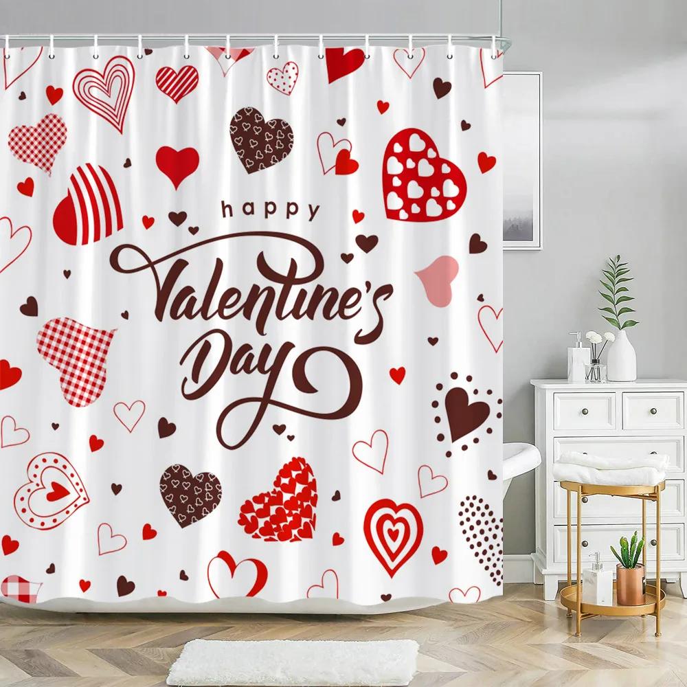 Valentine's Day Shower Curtain Love Tree with Elf Truck Romantic Pink Swing Balloon Love Polyester Printed Fabric Bathroom Decor