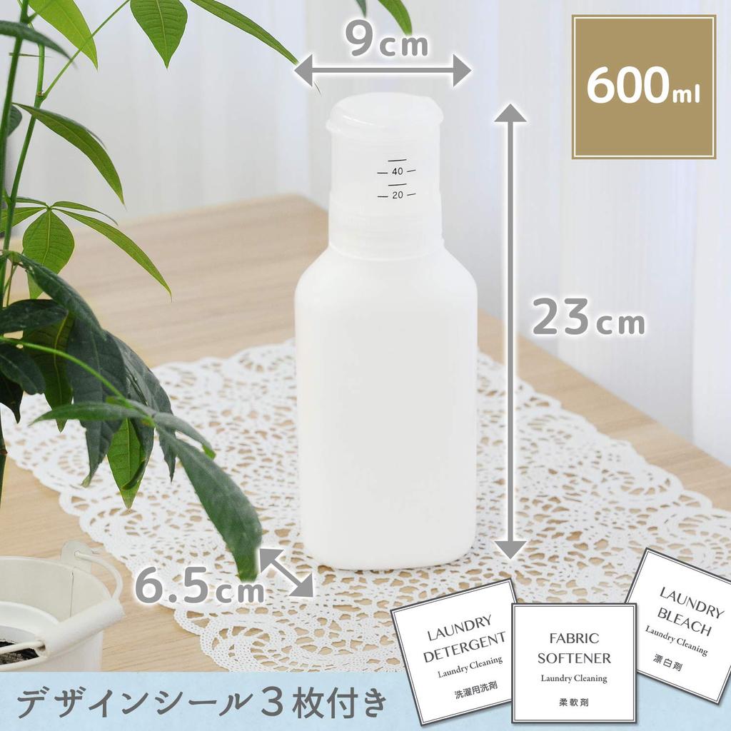 LEC Push-to-Measure Refillable Detergent Bottle, 600ml (For Liquid Detergent), Plain White with Design Sticker, W00108