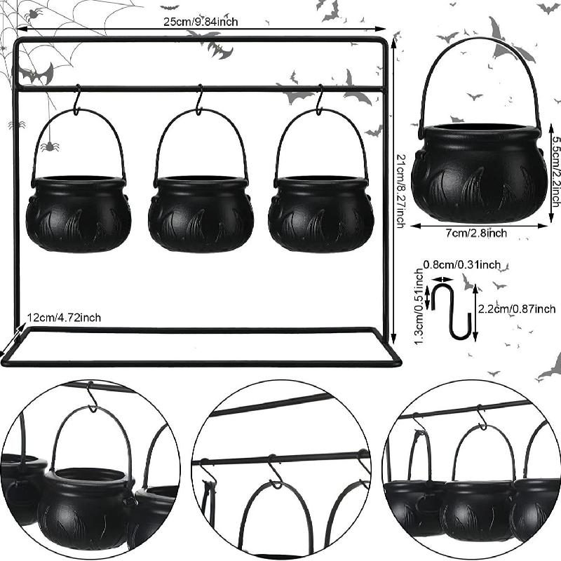 Halloween Decorations Indoor, Halloween Witches Cauldron Candy Serving Bowls On Rack, Black Plastic Cauldron with Skeletons