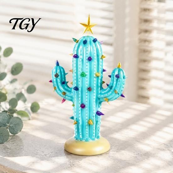 Resin Tabletop Decor for Home Vintage Lighted Cactus Christmas Tree, Saguaro with Bulbs & Golden Colorful Crystal Lamp Display Star Topper,