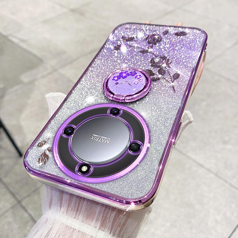 KADEM For Honor X40 5G/Magic5 Lite 5G/X9a 5G Flower Decor TPU Cover Glitter Phone Case Ring Kickstand Shell