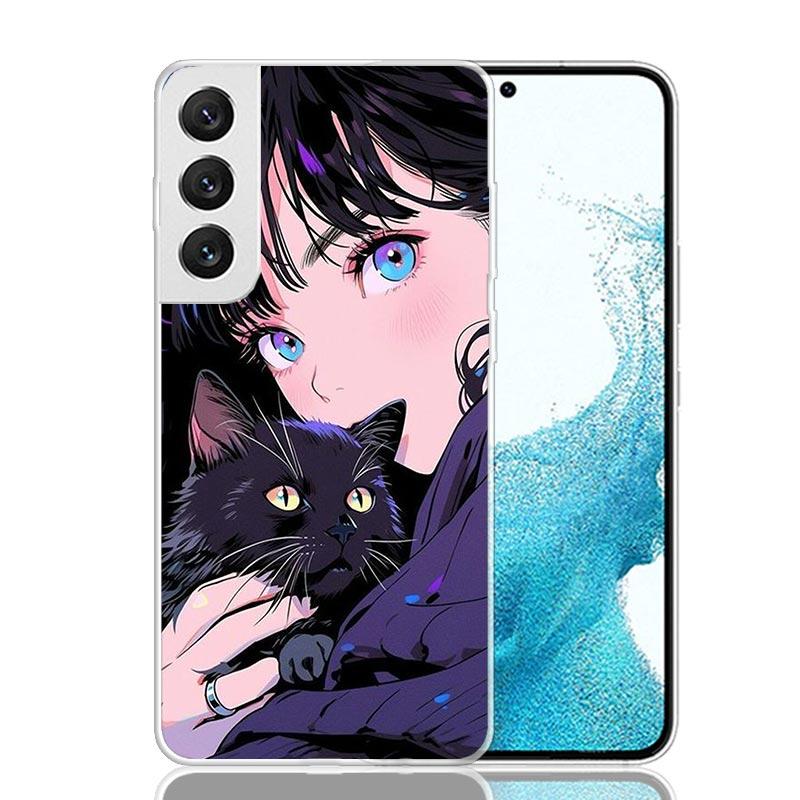 Anime Girls Cute Black Cat Phone Case For Samsung Galaxy S26 Ultra S23 S24 S25 Edge S20 FE S21 S22 Plus Soft Print Shell Cover F