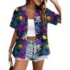 Womens Loose Fit Short Sleeve Printed Shirt Casual Vacation Style Collared Open Front Top