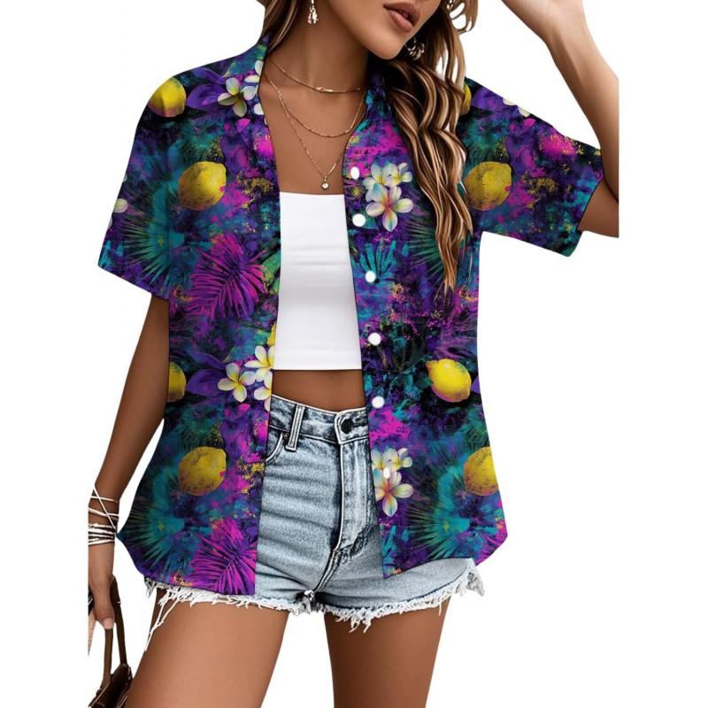 Womens Loose Fit Short Sleeve Printed Shirt Casual Vacation Style Collared Open Front Top