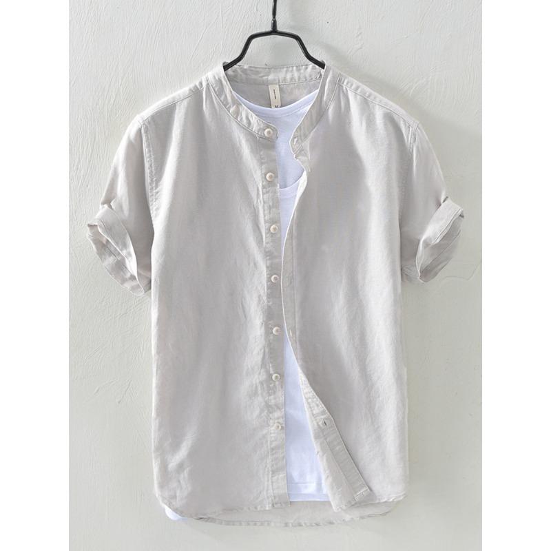 Męska lniana koszula z krótkim rękawem i kołnierzykiem stójką - Przewiewna, casualowa, luźny krój, zapinana na guziki