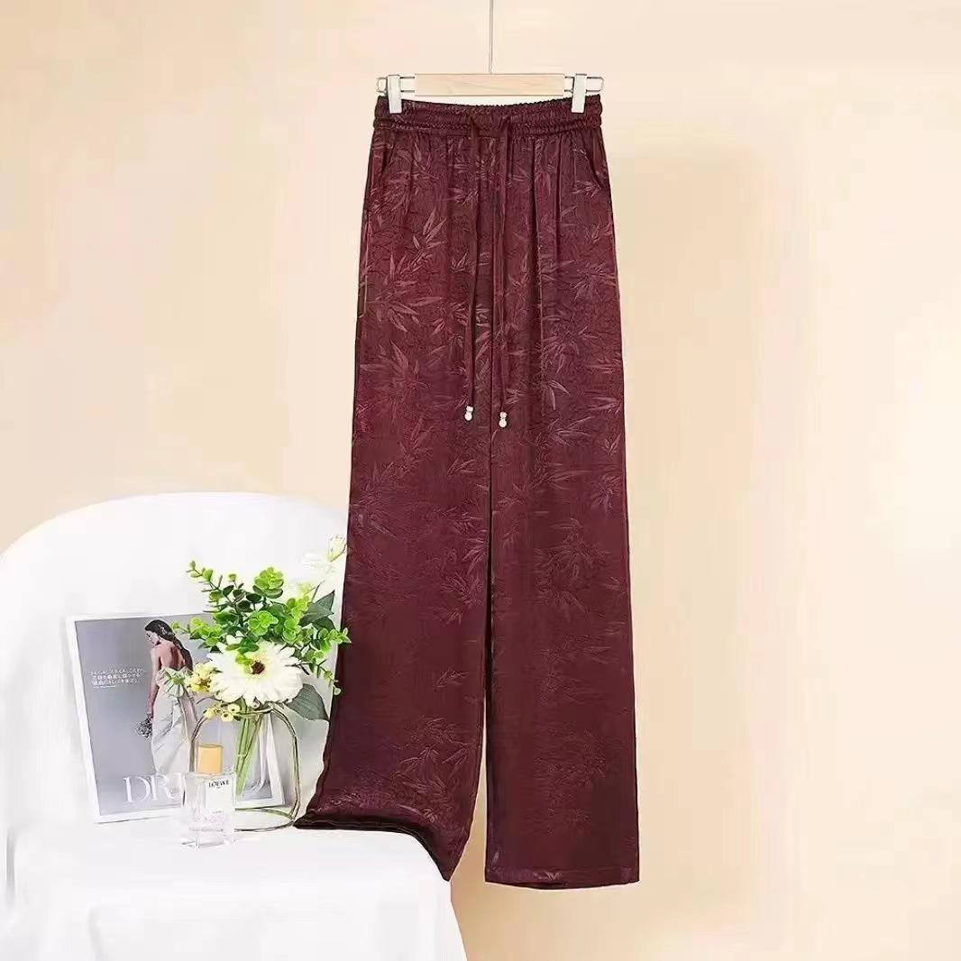 

Golden Bamboo Embossed Ice Silk Women s Elastic Waist Pants: Summer Casual, Narrow, Wide, Straight Leg Designs. 4XL (135-150 jin) вино красного