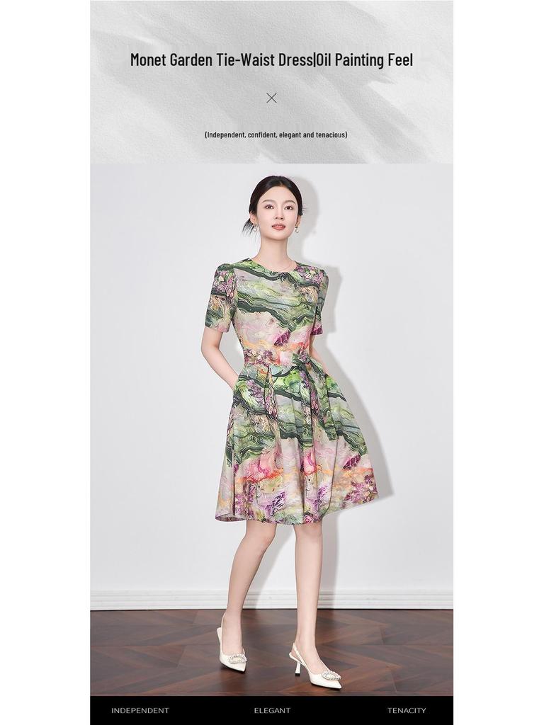 Hochwertiger altersreduzierender großer Schwingrock Urlaub Stil Print Taillenbetonendes Sommerkleid für Damen