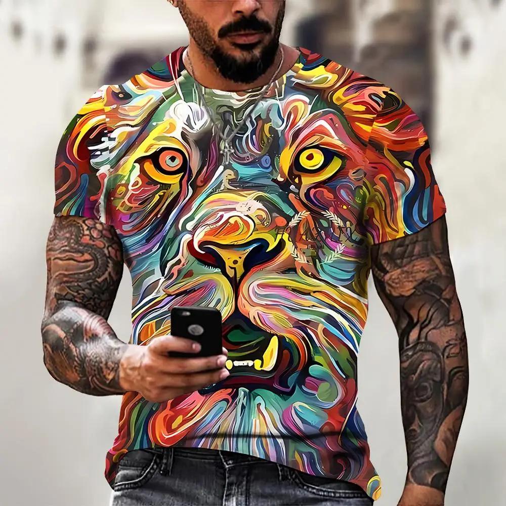 Men's T-shirt Summer Outdoor Breathable Round Neck Top Short Sleeve 3D Tiger Printed Pattern Large Loose Men's Tshirt