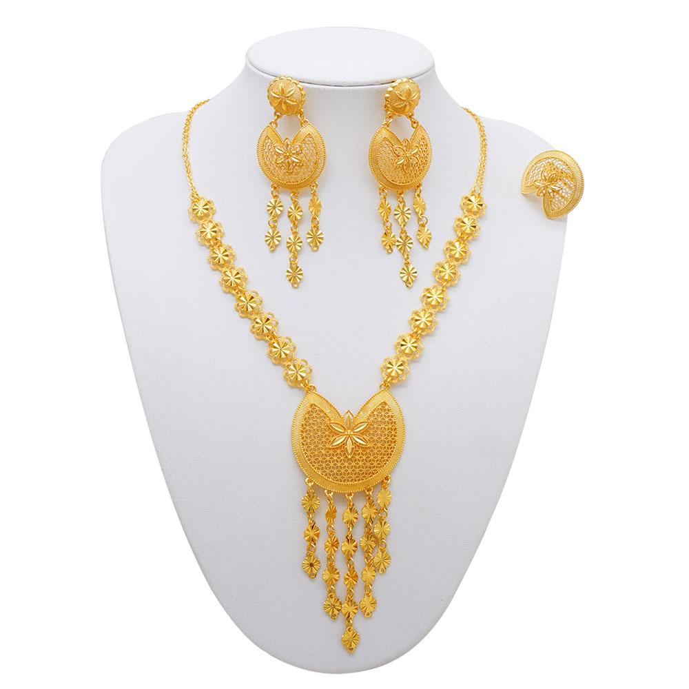 Dubai 24K Gold Plated Jewelry Set Butterfly Necklace Earrings Bracelet Ring Set Tassel Pendant