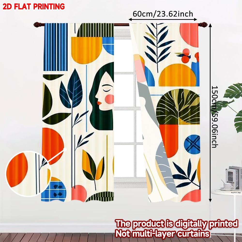 2D Flat Printing 2pcs Curtain Woman and Leaves Digital Printed Polyester Drapes Party Decorations Use for Holiday Party General