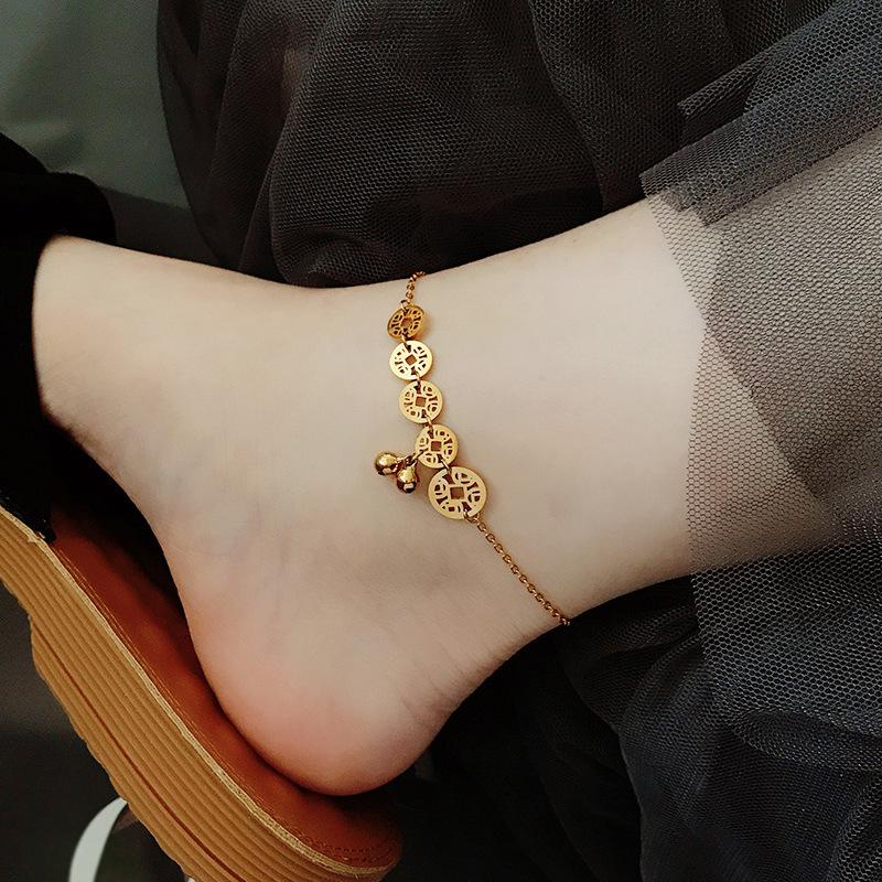 Korean-Style Influencer Gold Coin Titanium Anklet for Women – Non-Fading
