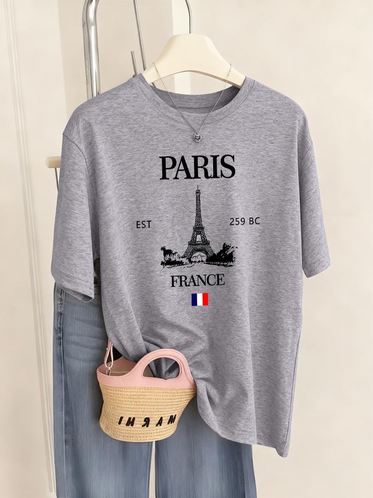 Paris Frankreich Eiffelturm Drucke T-Shirts Damen Sommer Basic Kurzarm Oberteile Rundhals Lockere T-Shirts Basics Weiche Damenkleidung