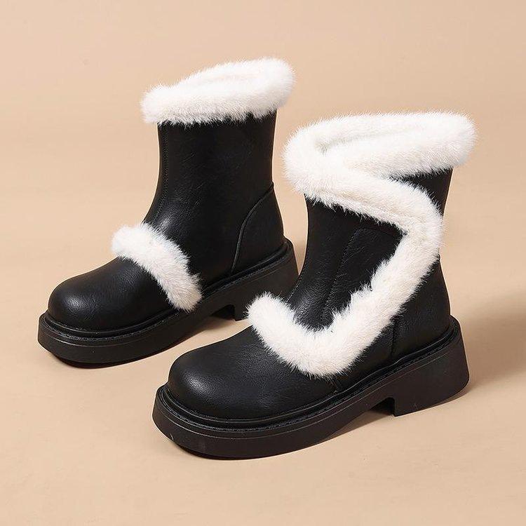 British Martin boots with fleece winter new round head platform cotton shoes thickened and thin fluffy short boots 35