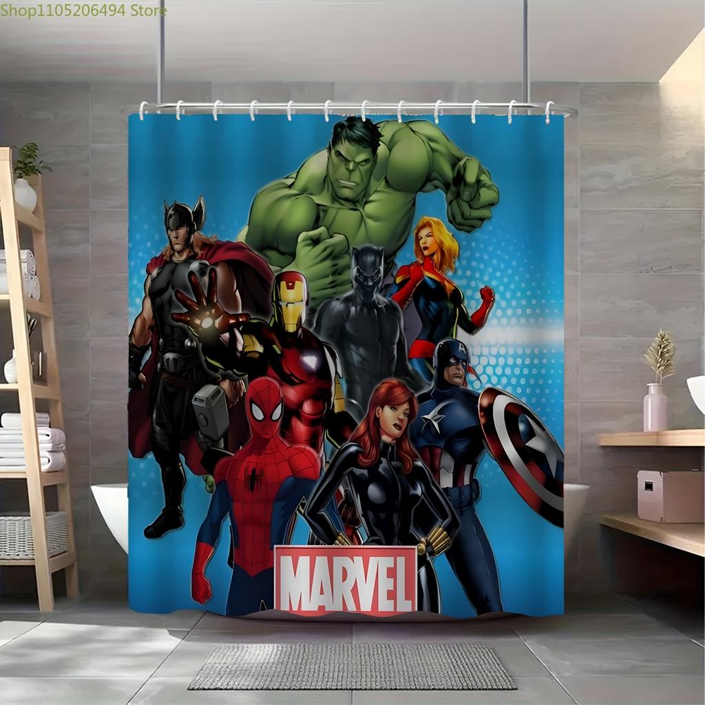 1pc Marvel Superhero Shower Curtain with Hooks - Vibrant Polyester Design, Machine Washable, Unlined, Cartoon Character Bathro
