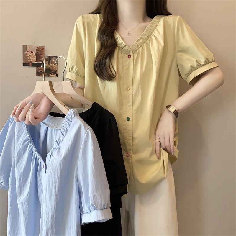 Colorful Button V-neck Women's Shirts Comfortable Casual Summer Blouse Korean Minimalist Versatile Ladies Clothing