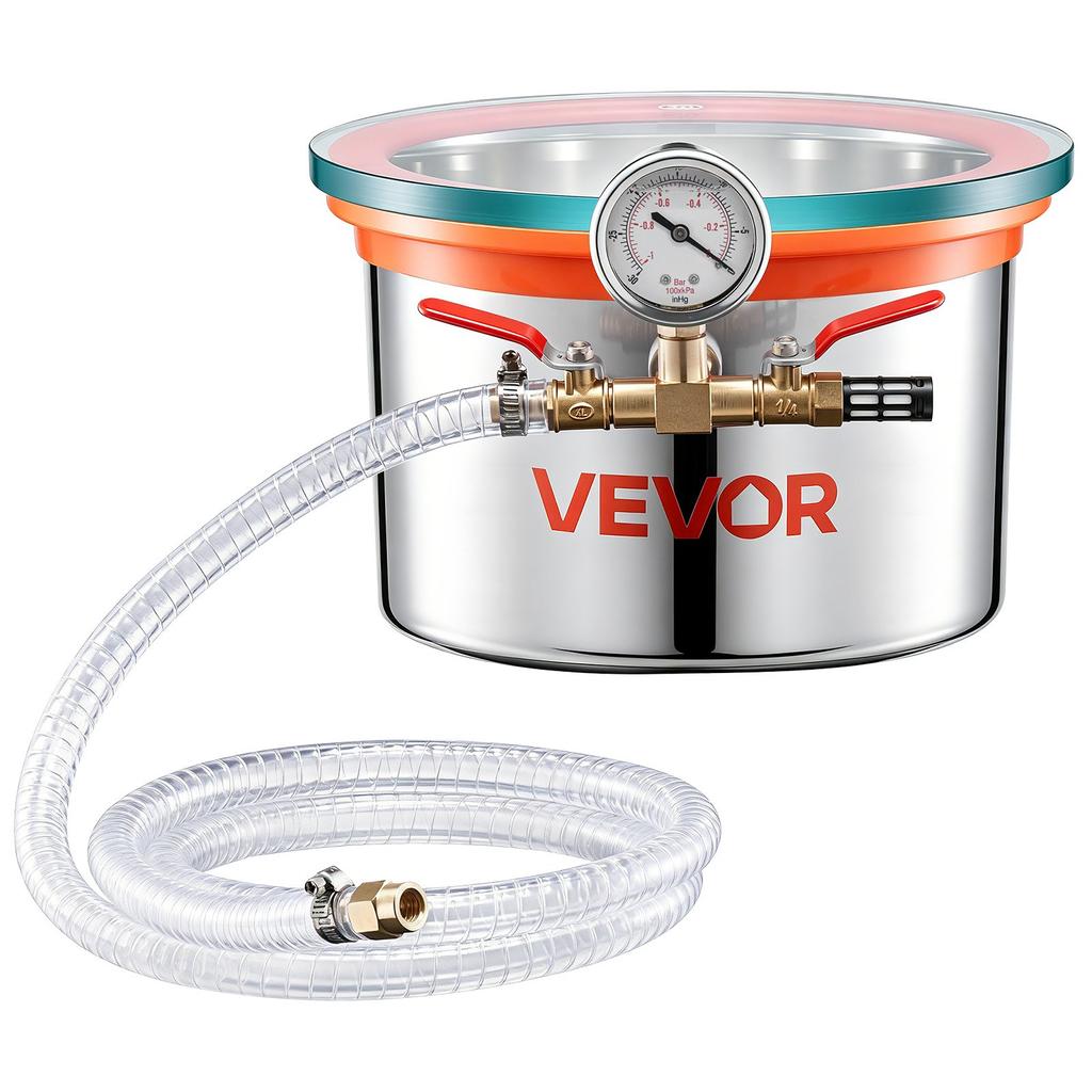 VEVOR 5.7 L Vacuum Chamber, Stainless Steel, Vacuum Degassing Chamber with Tempered Glass Lid, Hose, Air Filter, Ideal for Resin Casting