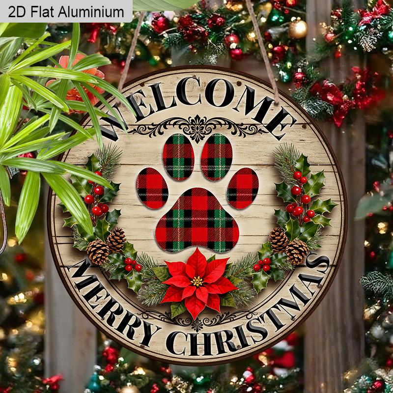 2D Flat Aluminium Christmas Welcome Sign with Paw Pattern - Navidad Figurine Ornaments - Ideal for Front Door, Wall, Porch, Fence Decor - Ideal