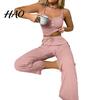 Women Pajamas 2 Pcs/Set Pants Top Suit Low-cut V Neck Sleeveless Solid Color Shirring Drawstring High Sleepwear Set Elastic Waist Lace Summer Homewear