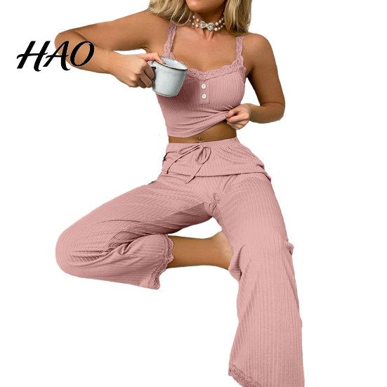 Women Pajamas 2 Pcs/Set Pants Top Suit Low-cut V Neck Sleeveless Solid Color Shirring Drawstring High Sleepwear Set Elastic Waist Lace Summer Homewear