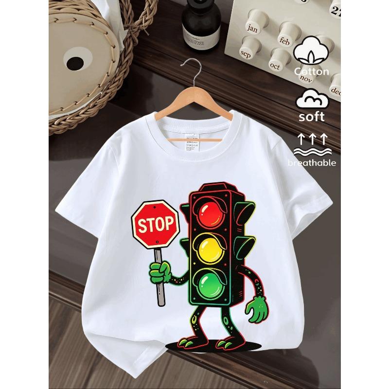 European Sizes Boys' Breathable Short Sleeve T-Shirt WithTraffic Light Stop Sign Cartoon Character Graphic Print - Round Neck Casual Summer Shirt