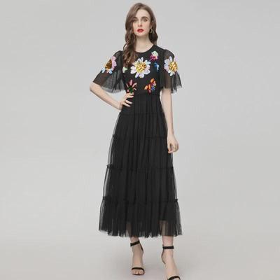 2024 Schwarzes Slim Fit Midikleid mit Pailletten und Trompetenärmeln für Damen