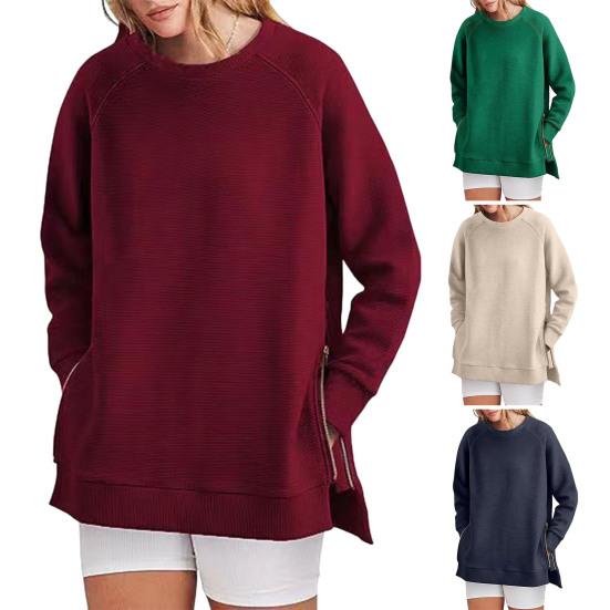Felpa con Cerniera Laterale Spacco sull'Orlo Girocollo Maniche Lunghe Ampia Polsini Elasticizzati Lunghezza Media Top Primavera Autunno per Sport Abbigliamento Quotidiano