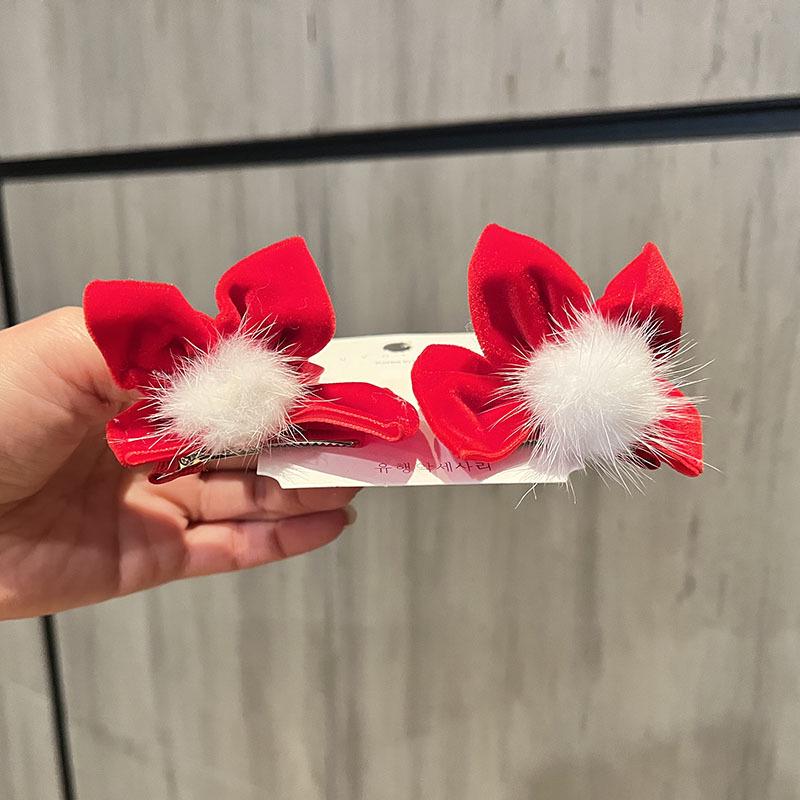 Red New Year Pearl Tassel Pompon Hair Clips for Children - Hanfu Style