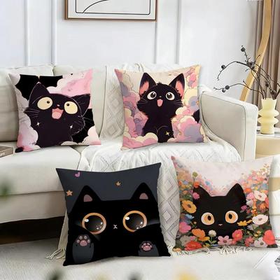 Cute Cartoon Little Black Cat Cushion Cover Reversible Plush Pillow Cover – For Car, Sofa, Bedroom, Perfect As a Gift.
