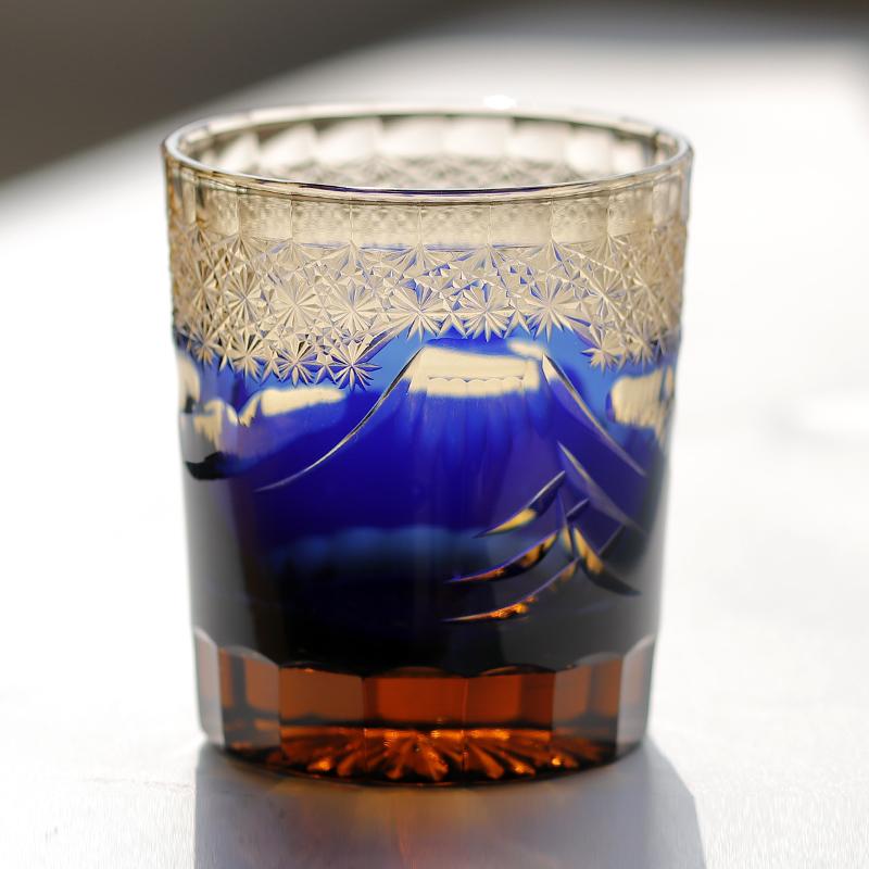 Handicraft Cut Amber Blue Colored Glass Whisky Glasses Tumbler Japanese Edo Kiriko Technique Glass Artwork Drinkware 260Ml