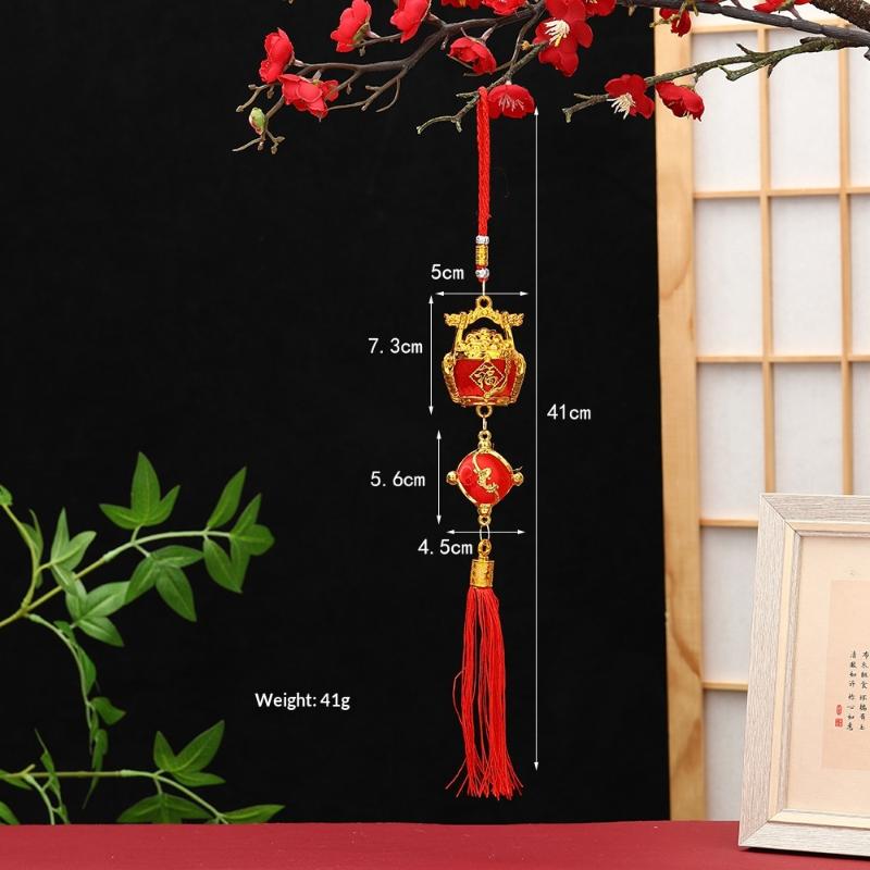 Lunar New Year Lucky Hanging Ornament with Red Tassel Golden Charm Festive Portable Decor for Travel Hotel Room Spring Festival