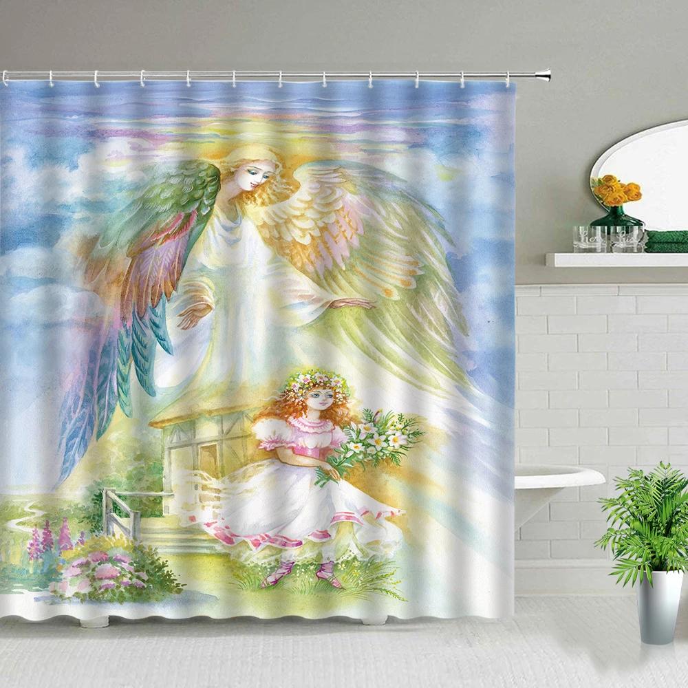 European Style Religious Oil Painting Shower Curtains Art Bathroom Decoration Waterproof Bathtub Home Decor Cloth Curtain Set