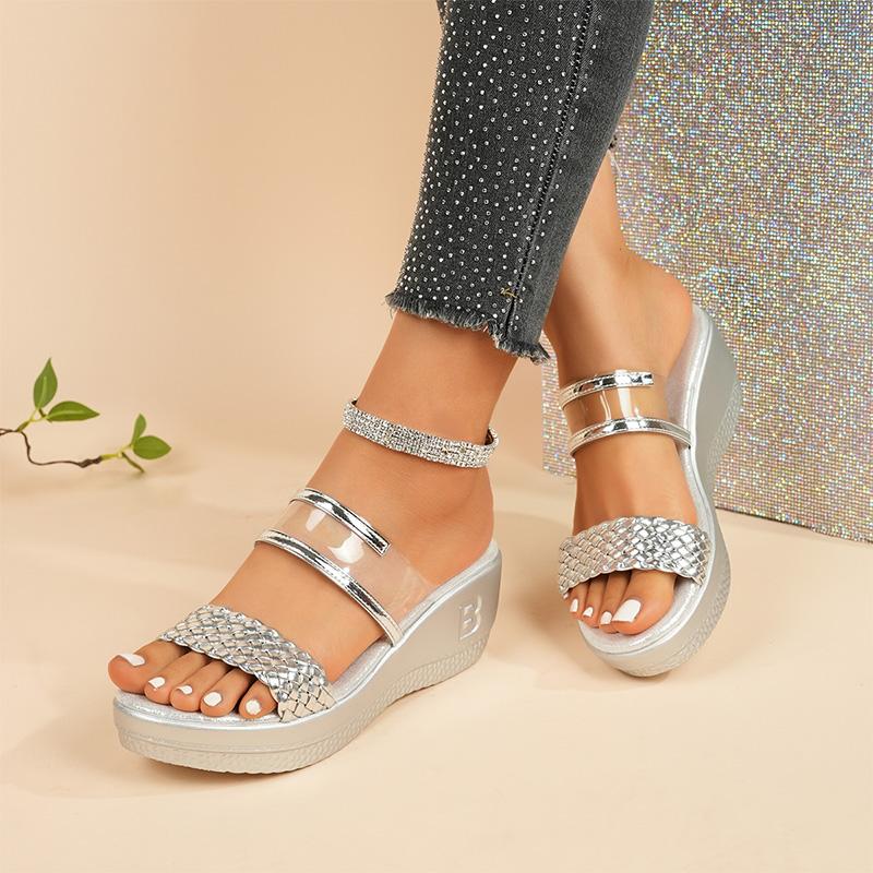 Fashion Gold Silver Weave Wedges Sandals for Women Plus Size Chunky Platform Party Slippers Woman Summer Thick Sole Non Slip Sandals