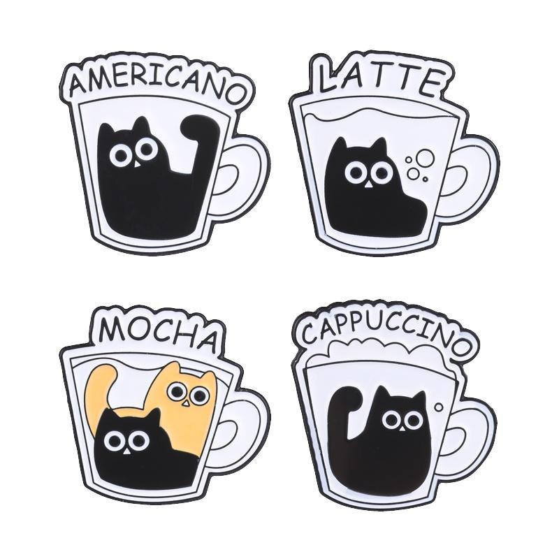 Cute Coffee Cup Cat Enamel Pins Funny Americano Latte Mocha Cappuccino Cartoon Black Kitten Brooches Lapel Badge Jewelry Gifts
