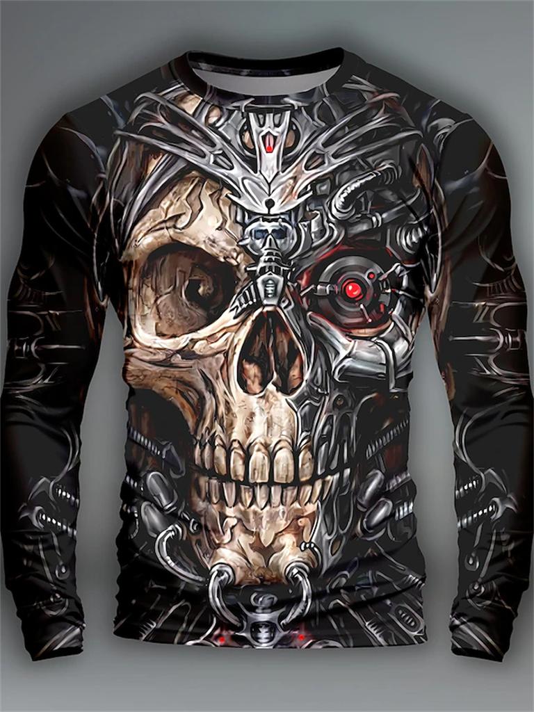 Lustiges Langarm-T-Shirt mit 3D-Totenkopf-Print für Herren, lässig, O-Ausschnitt, Baumwolle, lockere Oberteile, modische Kleidung mit menschlichem Knochenmuster, Herbst-T-Shirts